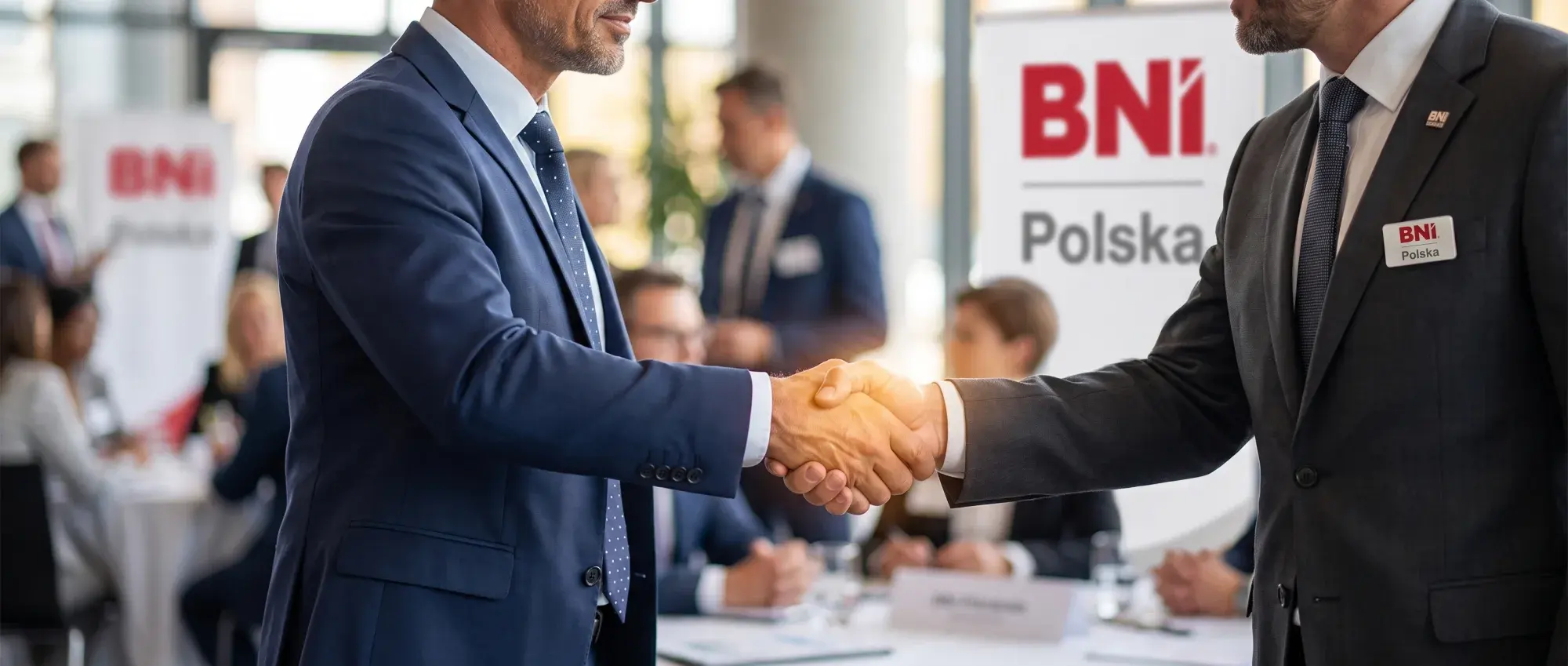 Zbliżenie na uścisk dłoni dwóch mężczyzn w garniturach, w tle baner BNI Polska