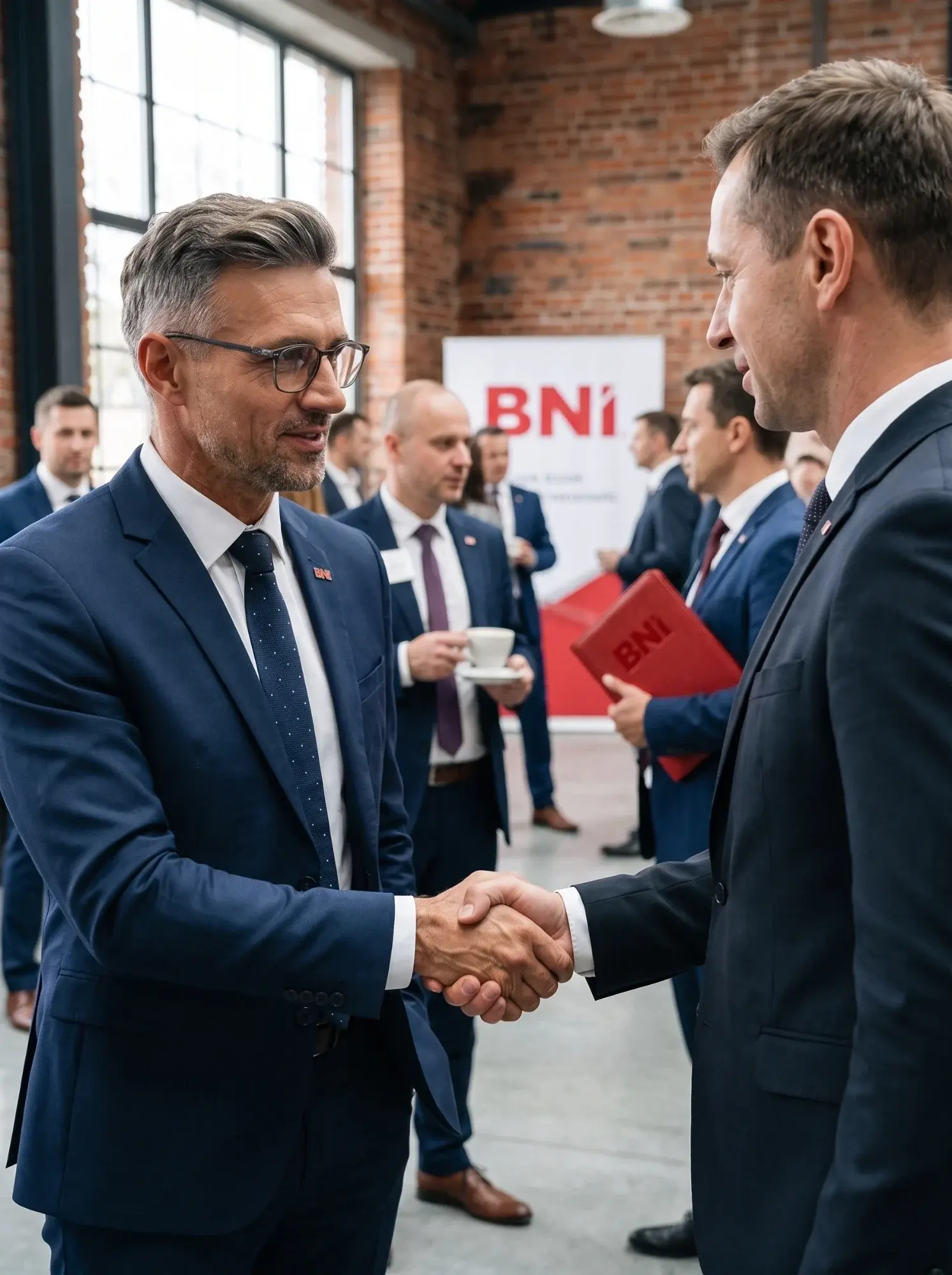 Dwóch przedsiębiorców ściska sobie dłonie podczas networkingu BNI, w tle ścianka BNI i rozmowy przy kawie