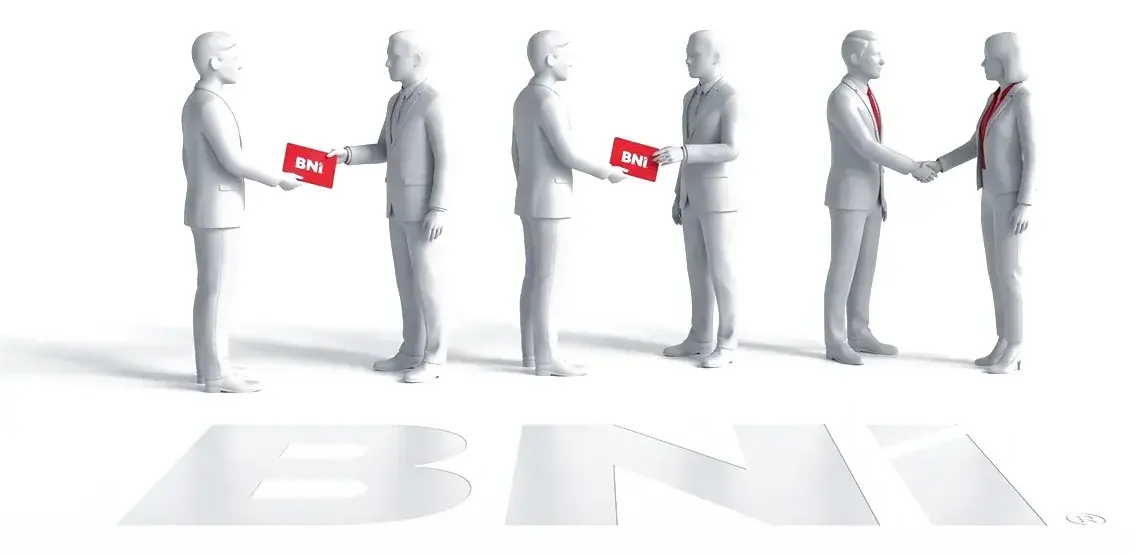 Grafika 3D: czerwona karta BNI przechodzi z rąk do rąk między trzema parami przedsiębiorców