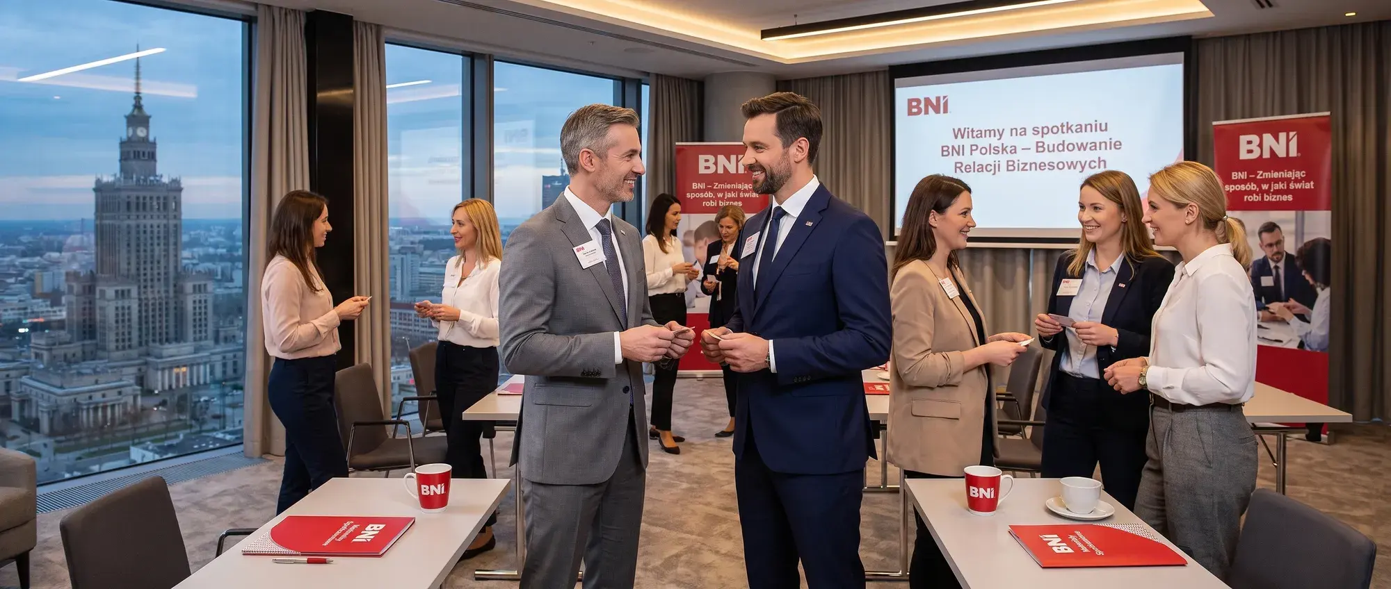 Członkowie Grupy rozmawiają w sali z ekranem „Witamy na spotkaniu BNI Polska”