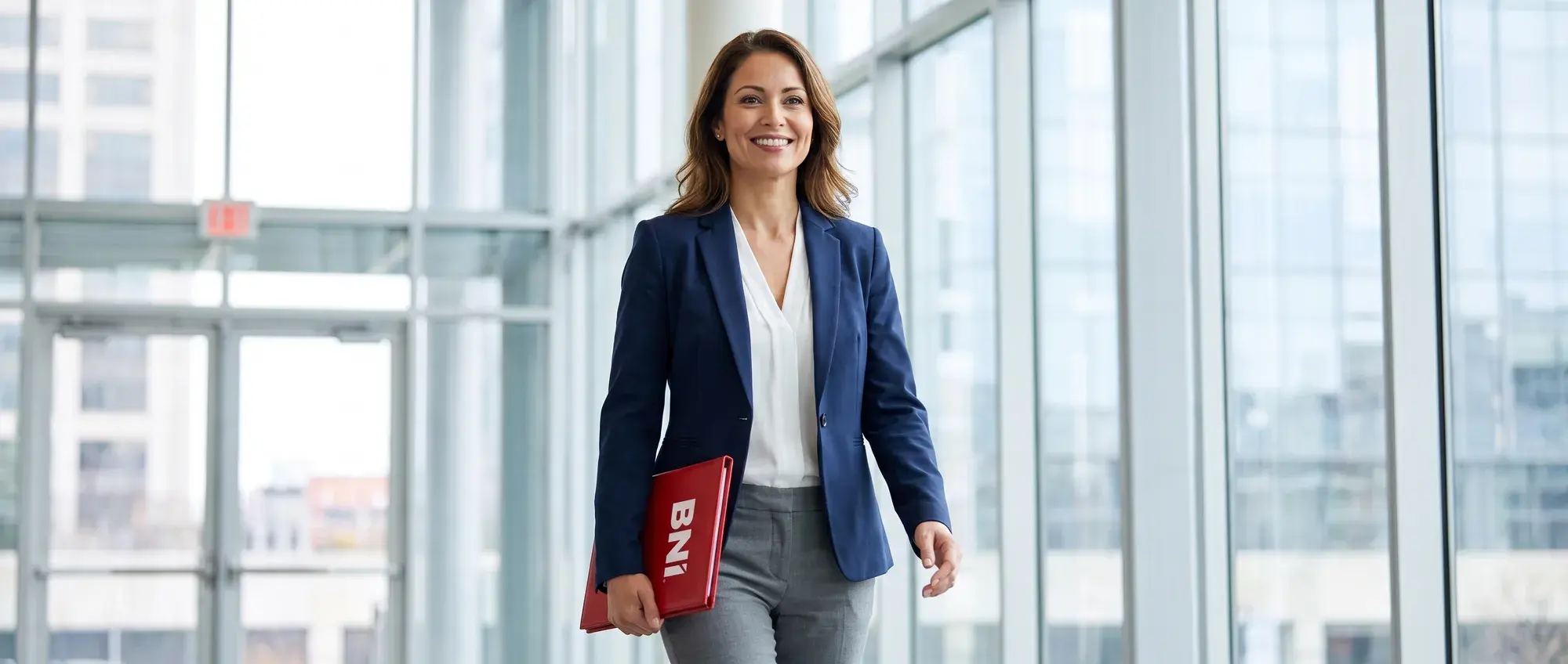 Uśmiechnięta przedsiębiorczyni z czerwoną teczką BNI idzie przez biuro