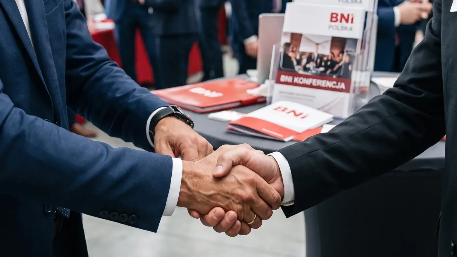 Uścisk dłoni dwóch przedsiębiorców przy stoisku BNI Polska na konferencji