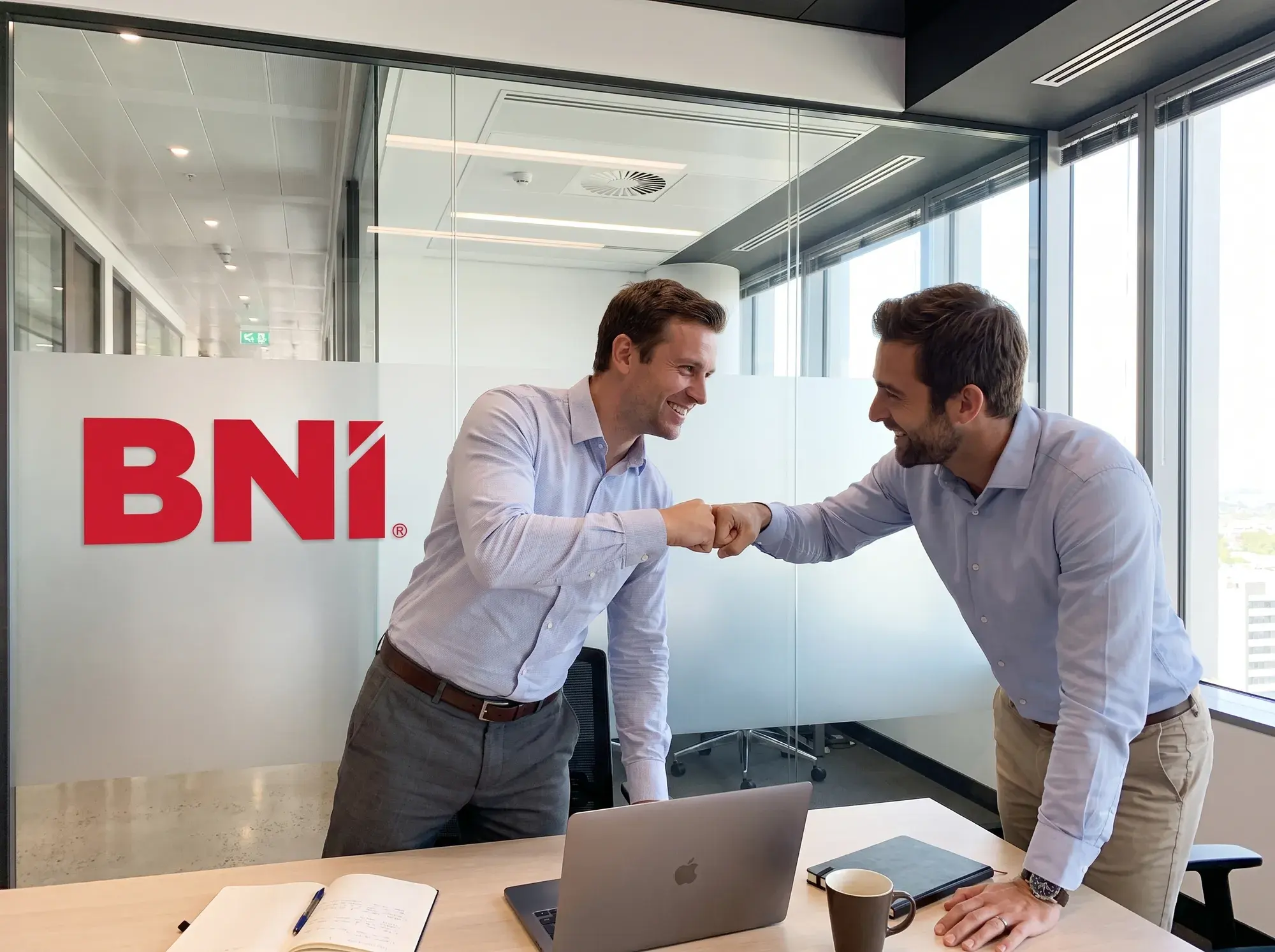 Dwaj Członkowie BNI przybijają żółwika przy ścianie z logo BNI